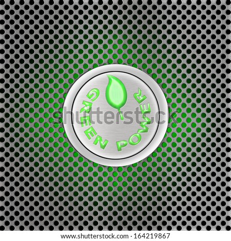 Green power concept. Close up of one power button with green leaf and green power label on the front panel perforation of modern personal computer in silver color with green highlight