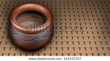 Restaurant concept. Old empty vintage ceramic pot isolated on table covered by bamboo mat background highlighted by sun or lamp. Clipping path included