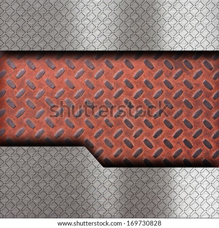 Industrial metal concept. Brown color shining diamond steel plate covered by gleaming iron bars background texture