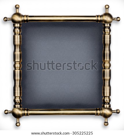Old scratched bronze pipes frame with light reflections made for text or picture isolated on gray background. two clipping path included. Hardware design concept
