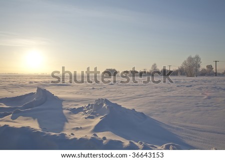 Winter snow-covered field. Evening. The sunset sun.