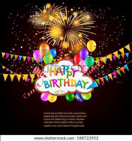 Happy birthday holiday background with balloons, flags, fireworks. Place for text. Vector holiday illustration.