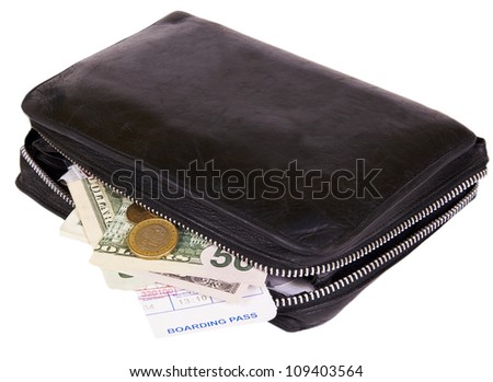 business man leather travel date book with money passport and boa