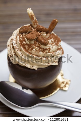 A delicious chocolate mocha desert topped with whip cream and powder cinnamon, served on a white plate