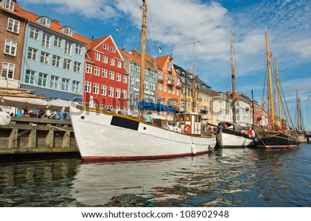Beautiful sea channels with ships moored in Copenhagen