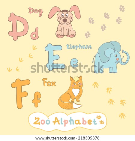Children\'s alphabet with animals, dog, elephant, fox. Letter D, E, F