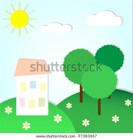 Landscape with house trees and flowers