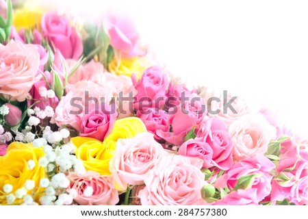 Pink  and yellow roses bouquet with free space for text
