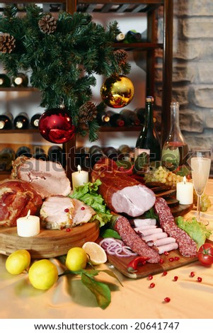 New Year party table on wine rack background.