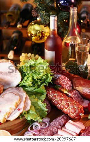 Christmas And New Year party table on wine rack background.