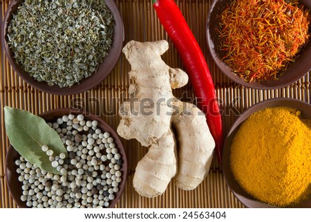 Collection of aromatic spices - saffron,  turmeric, oregano, peppercorn, ginger root and  red chili pepper