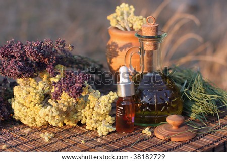 Bottles of essence oil with dried herbs.