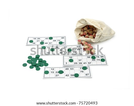Lotto game: wooden kegs in a sack and game cards  isolated on white background