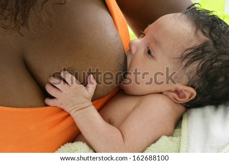 Little Baby Boy Sucking Breast Mother With Open Eyes - Ethnic Family ,