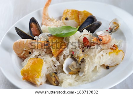 sauerkraut, shrimp, smoked haddock for French dish preparation