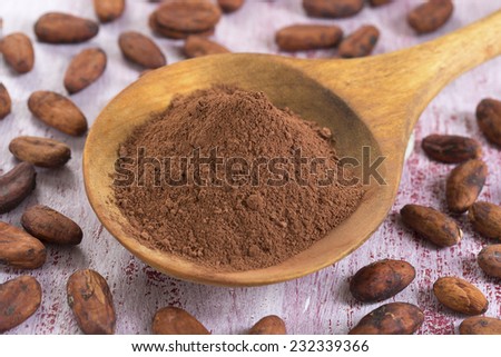 cacao bean and cacao powder in wooden spoon