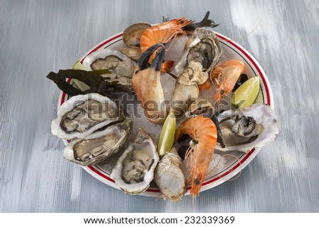 Seafood platter with sydney rock oysters, crab, rock lobster, prawns, mussels, clams and cockles