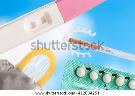 Concept with Oral contraceptive, Emergency Pills, Injection Contraceptive and Male Condom.