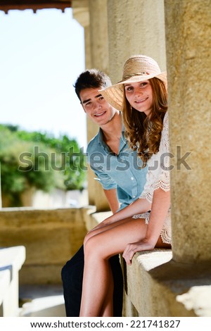 happy young teenager couple first love together in summertime during hot and sunny day