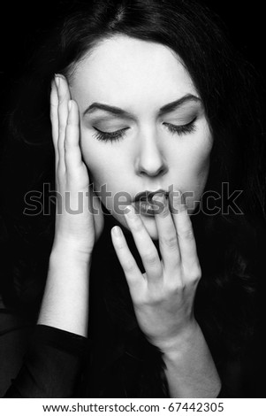 stock photo Black and white portrait of woman with closed eyes