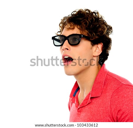 Smart guy looking something shocking with open mouth