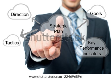 Businessman pressing strategic plan button on virtual screen