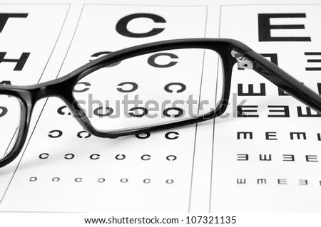 Reading eyeglasses and eye chart. close-up. on a light gray background