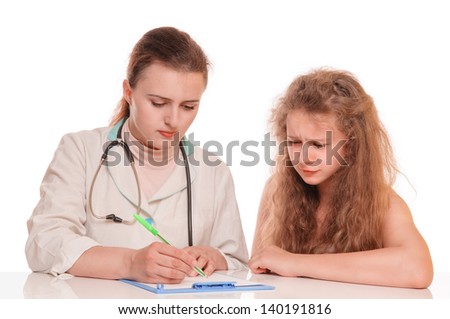 serious doctor talking with child and takes notes. distraught girl crying. isolated on white background