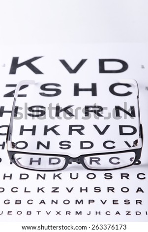 Reading black eyeglasses and eye chart close-up on a light background