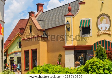 FRANKENMUTH, MI - JUNE 28, 2014: German-style architecture forms the backdrop of River Place, a new collection of shops and attractions in this Michigan town known best for Christmas and German food.