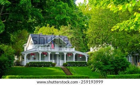 BAY VIEW, MI - JUNE 26, 2014: A quaint old home serves as a bed and breakfast in this one-time Methodist retreat center lying on the shores of Lake Michigan next door to the resort town of Petoskey.