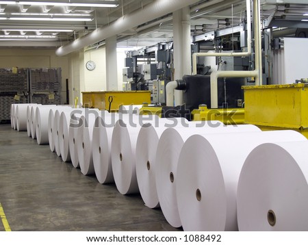 Paper rolls lined up for use on printing press