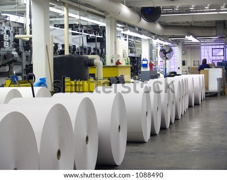 Rolls of paper lined up for printing press