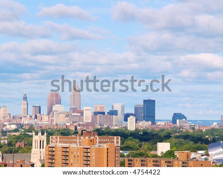 Cleveland, Ohio, skyline looking west at the city in morning light