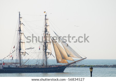 CLEVELAND, OH - JULY 7: The brig Roald Amundsen sails in the Parade of Ships that began the 2010 Cleveland Tall Ships Festival (July 7-12) on July 7, 2010 in Cleveland, Ohio