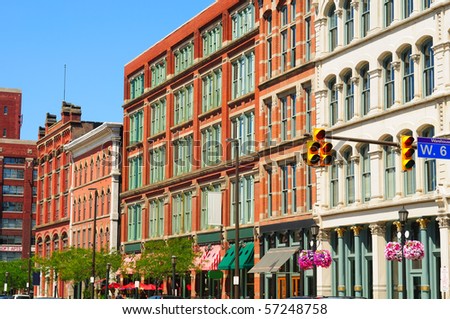 Old buildings in downtown Cleveland\'s Warehouse District, a trendy new residential and entertainment area