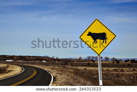 Cattle crossing road sign in rural America