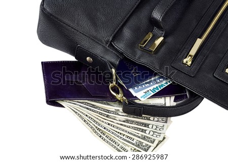 Contents of purse spilled revealing passport, social security card, drivers license, wallet, US currency isolated on white