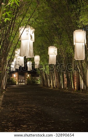 Asian lanterns in a bamboo alley. Night scene.