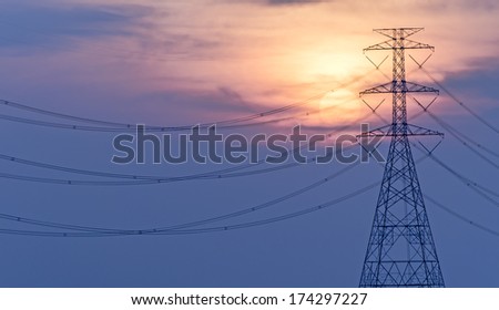 high voltage electric cable tower and sunset, High Voltage Tower at sunset