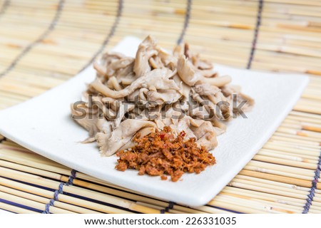 steamed thai mushroom, steamed mushrooms on dish with ingredient of thai spicy