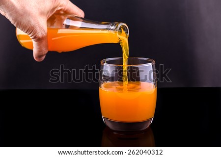 pouring orange juice into glass, hand pouring orange juice from a bottle into a glass