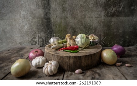 Still life of Onion, garlic, ginger and red chilli