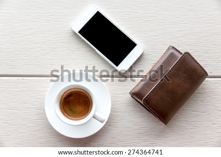 Espresso Coffee, Lie on wooden floor smartphone, coffee and wallet