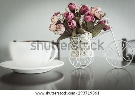 Artificial flowers and antique tricycle for decoration , Vintage style, Artificial flowers of modern