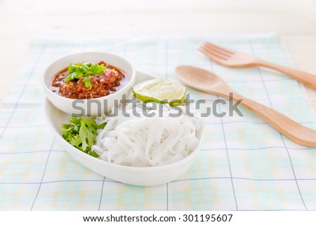 rice noodles with spicy sauce, thai northern spicy noodle, boiled Thai rice vermicelli