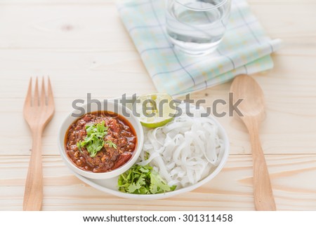 rice noodles with spicy sauce, thai northern spicy noodle, boiled Thai rice vermicelli