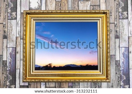 Photo frames on wall, vintage picture frames, picture on wooden wall, vintage photo frame with a landscape view