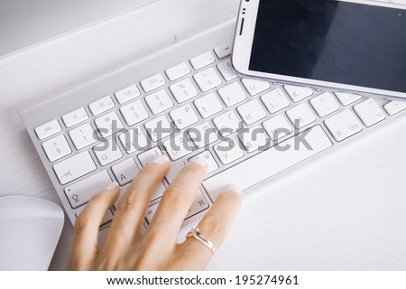 Close up of female hand using Keyboard. Business concept. Selfie shot. Horizontal