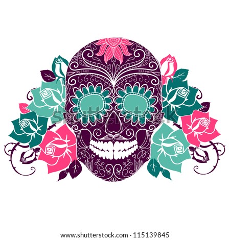 Skull and roses Colorful Day of the Dead card Skull and roses Colorful Day of the Dead card